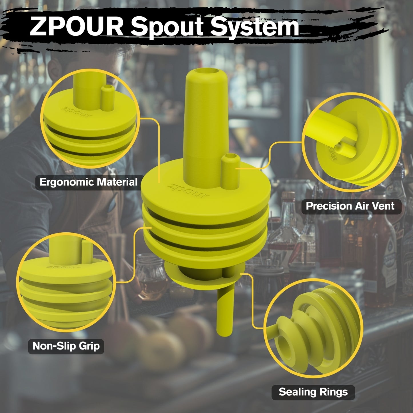 ZPOUR Yellow Liquor Pour Spouts – 6 Pack | Precision Bar Bottle Pourers