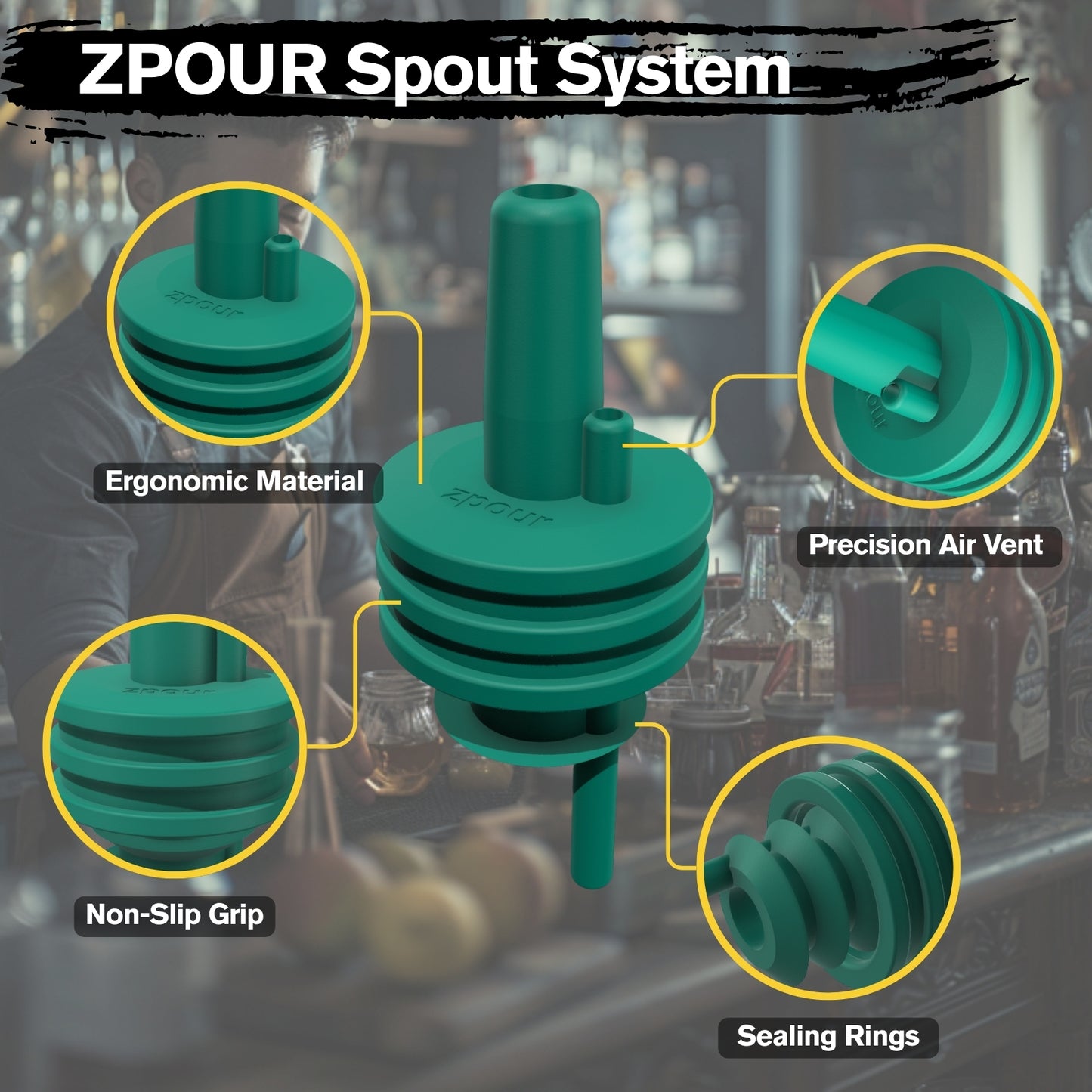 ZPOUR Green Liquor Pour Spouts – 6 Pack | Precision Bar Bottle Pourers